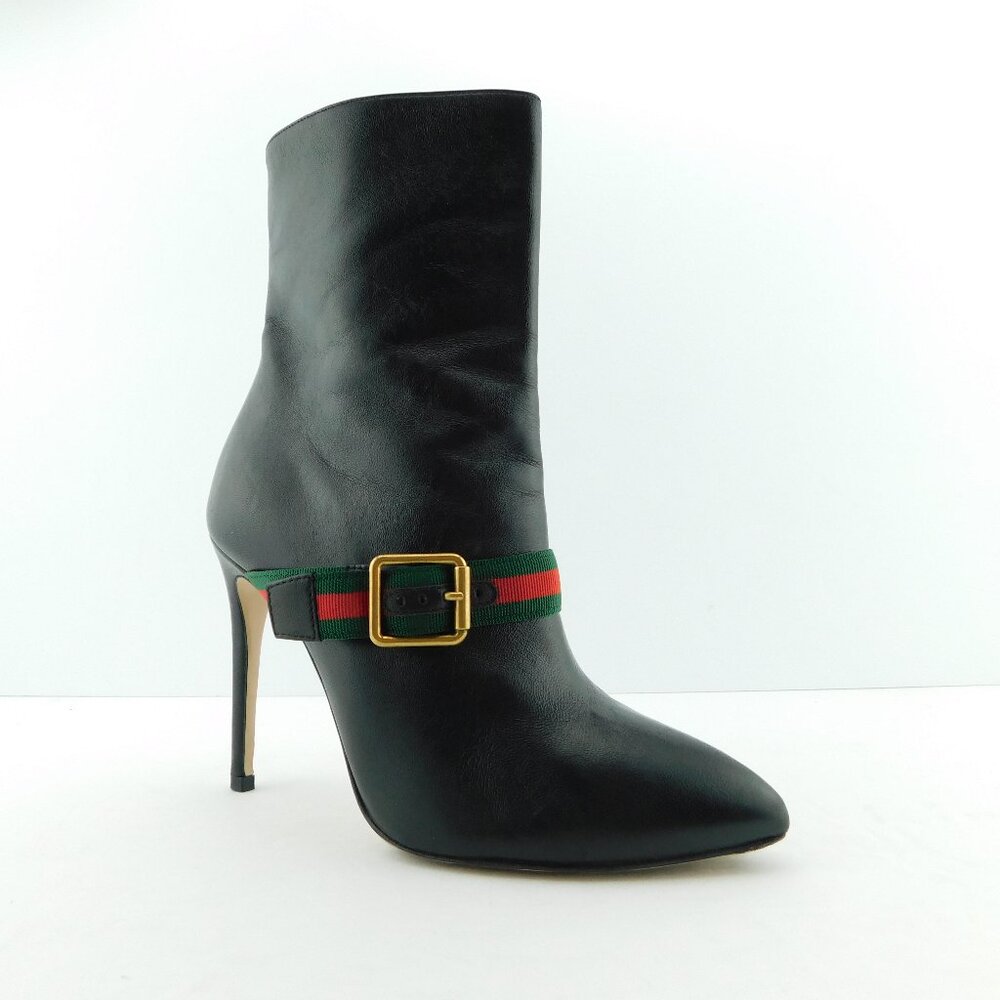 GUCCI Signature Webbed Buckle Black Leather Heeled Ankle Boots 35.5